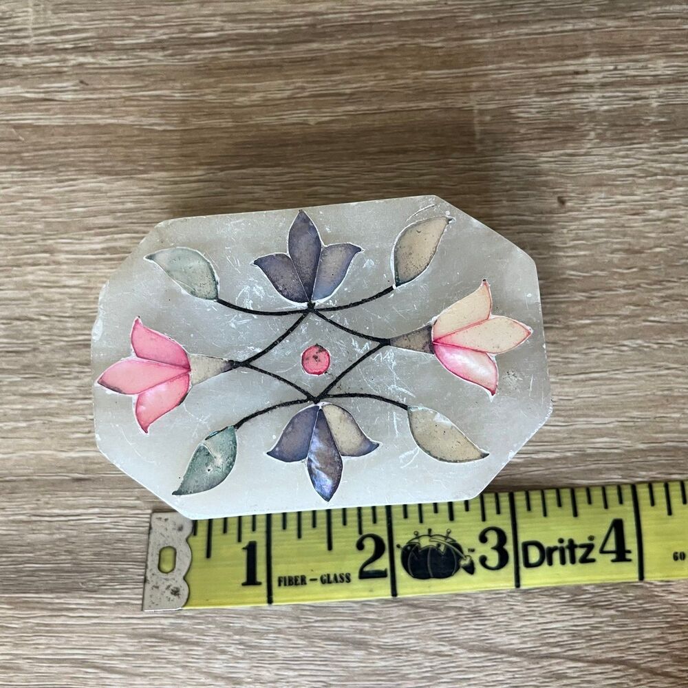 Vintage White Marble Trinket Jewelry Box Stone Inlay Floral Design